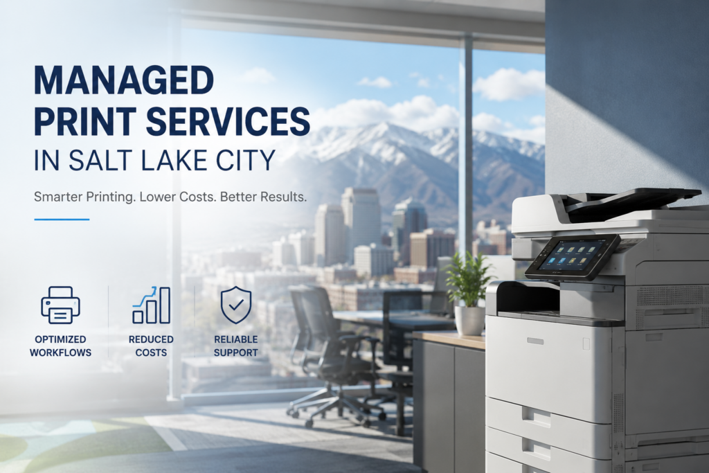 Managed print services in Salt Lake City featuring a multifunction office printer with the Salt Lake City skyline and Wasatch Mountains in the background.
