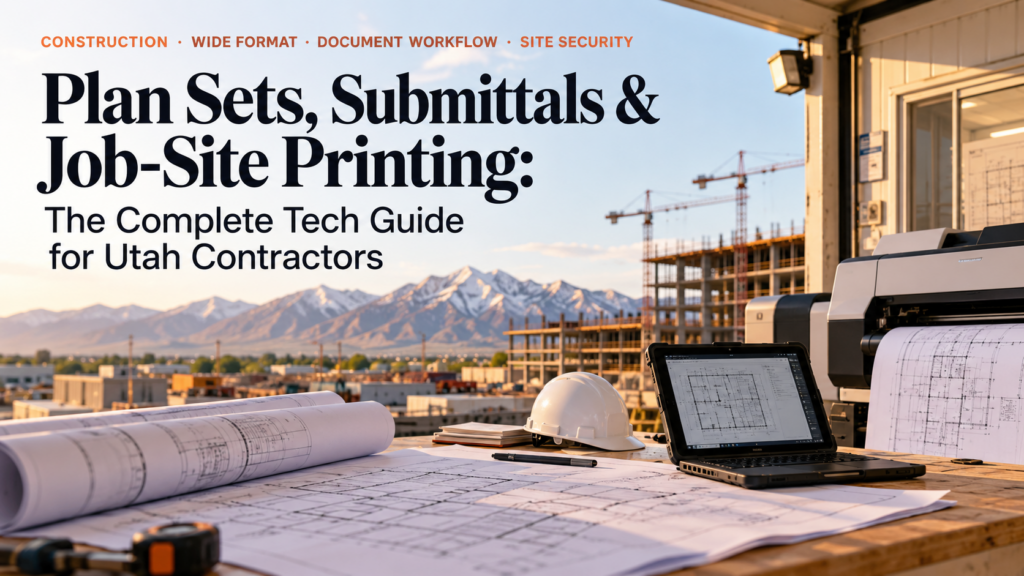 Construction plans and rolled blueprints on a job-site table with a hard hat, laptop, wide-format printer, cranes, and Utah’s Wasatch Mountains in the background.