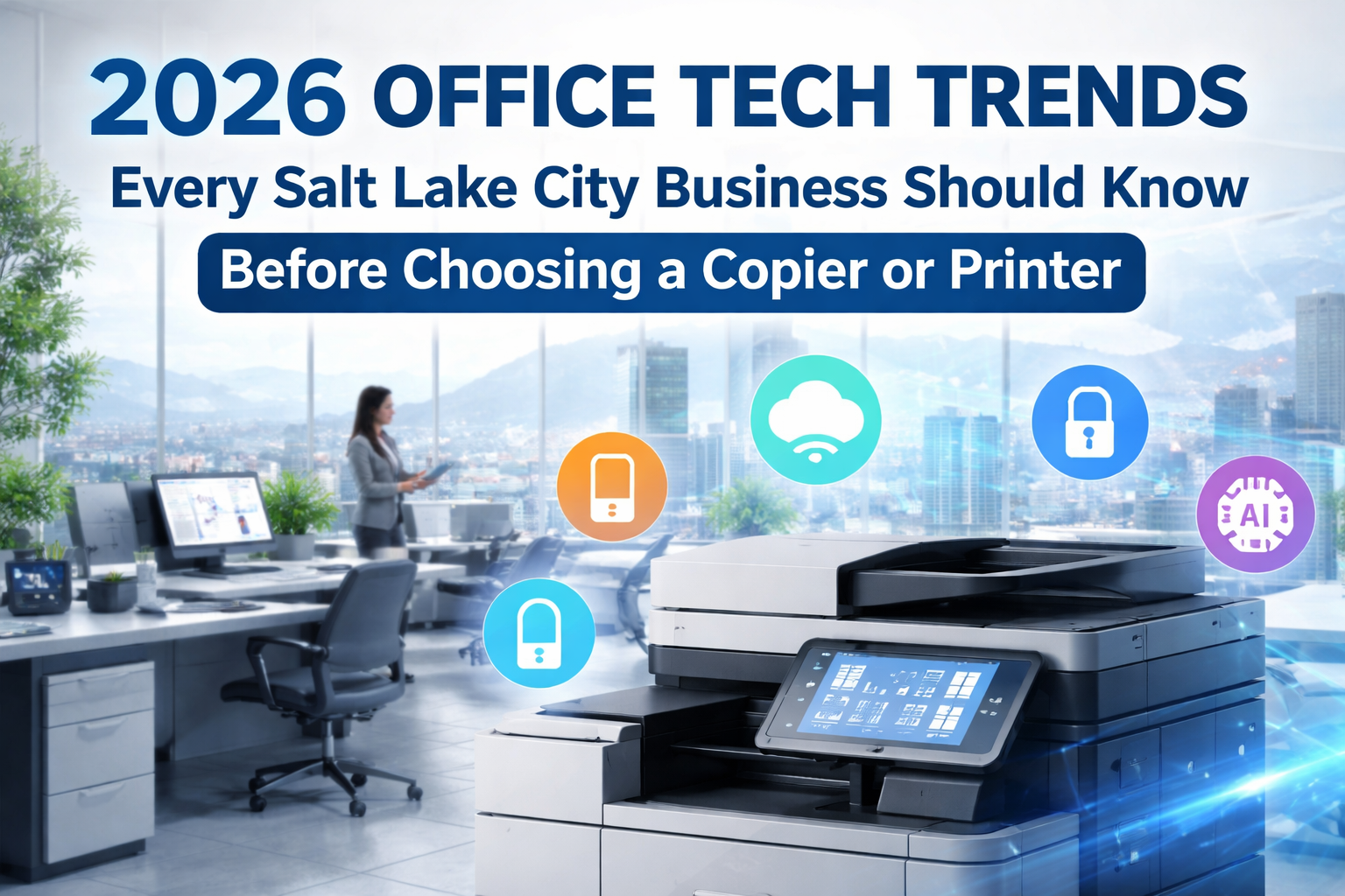 2026 office technology trends for Salt Lake City businesses featuring a modern multifunction printer with icons for mobile printing, cloud connectivity, data security, and AI features in a sleek office overlooking the Salt Lake City skyline.