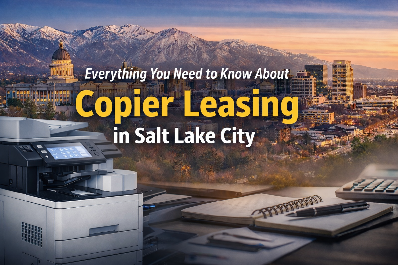 Header image showing a modern office copier in the foreground with a notepad and calculator on a desk, set against a scenic backdrop of Salt Lake City's skyline and snow-capped mountains at sunset. Text overlay reads “Everything You Need to Know About Copier Leasing in Salt Lake City.”