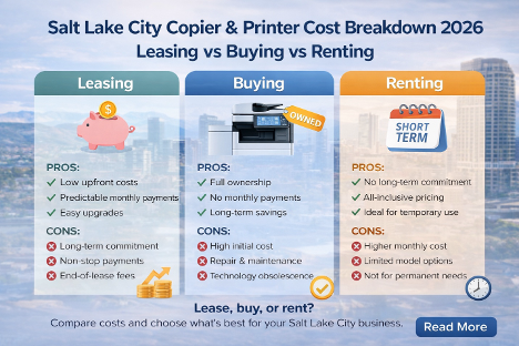 Infographic titled "Salt Lake City Copier & Printer Cost Breakdown 2026: Leasing vs Buying vs Renting." It compares the pros and cons of leasing, buying, and renting copiers and printers for Salt Lake City businesses.