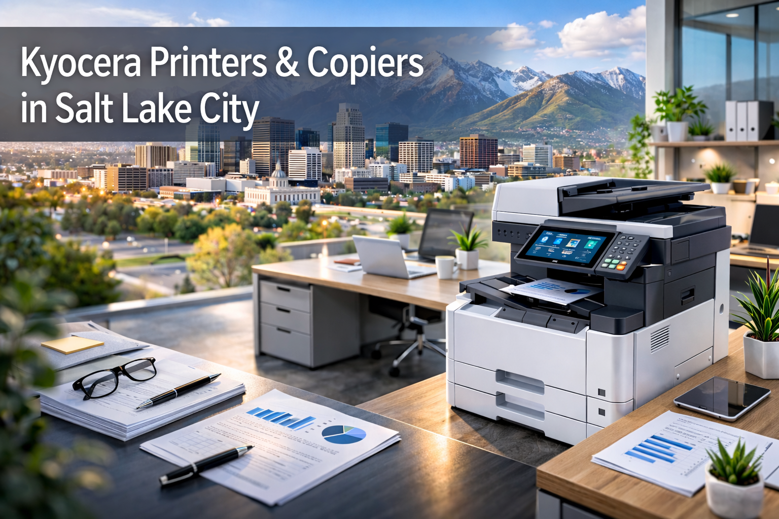 Kyocera multifunction printer in a modern Salt Lake City office with Wasatch Mountains and skyline, featuring title overlay “Kyocera Printers & Copiers in Salt Lake City”