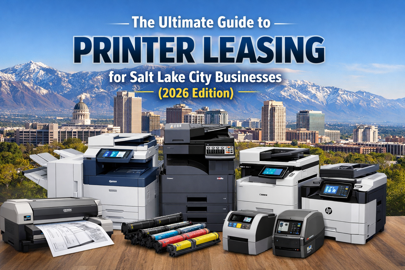 Printer leasing header image showing Salt Lake City skyline and Wasatch Mountains with office printers for Utah businesses.