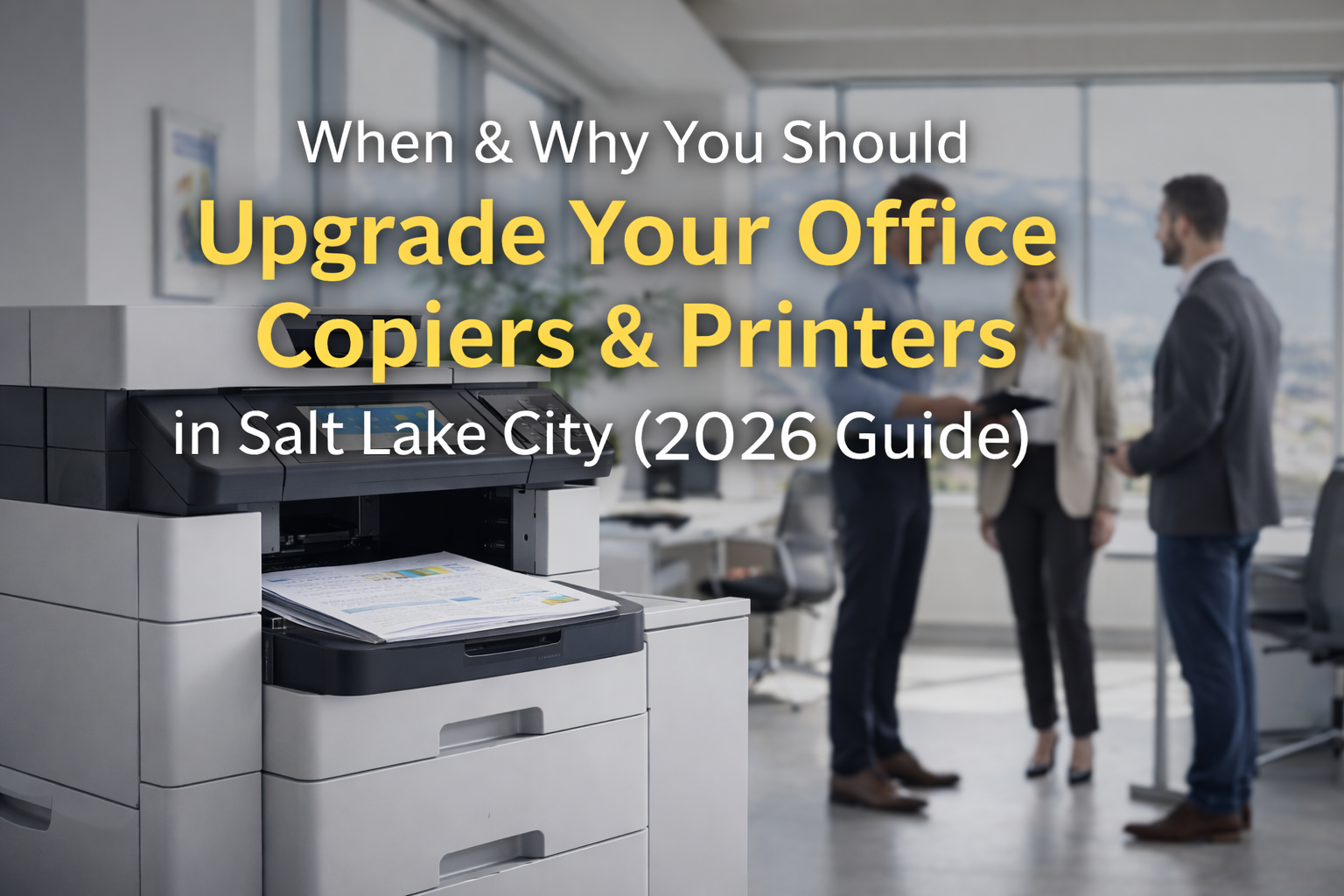When & why you should upgrade your office copiers and printers in Salt Lake City (2026 guide) — modern multifunction copier in a bright office with Salt Lake City skyline and mountains in the background.
