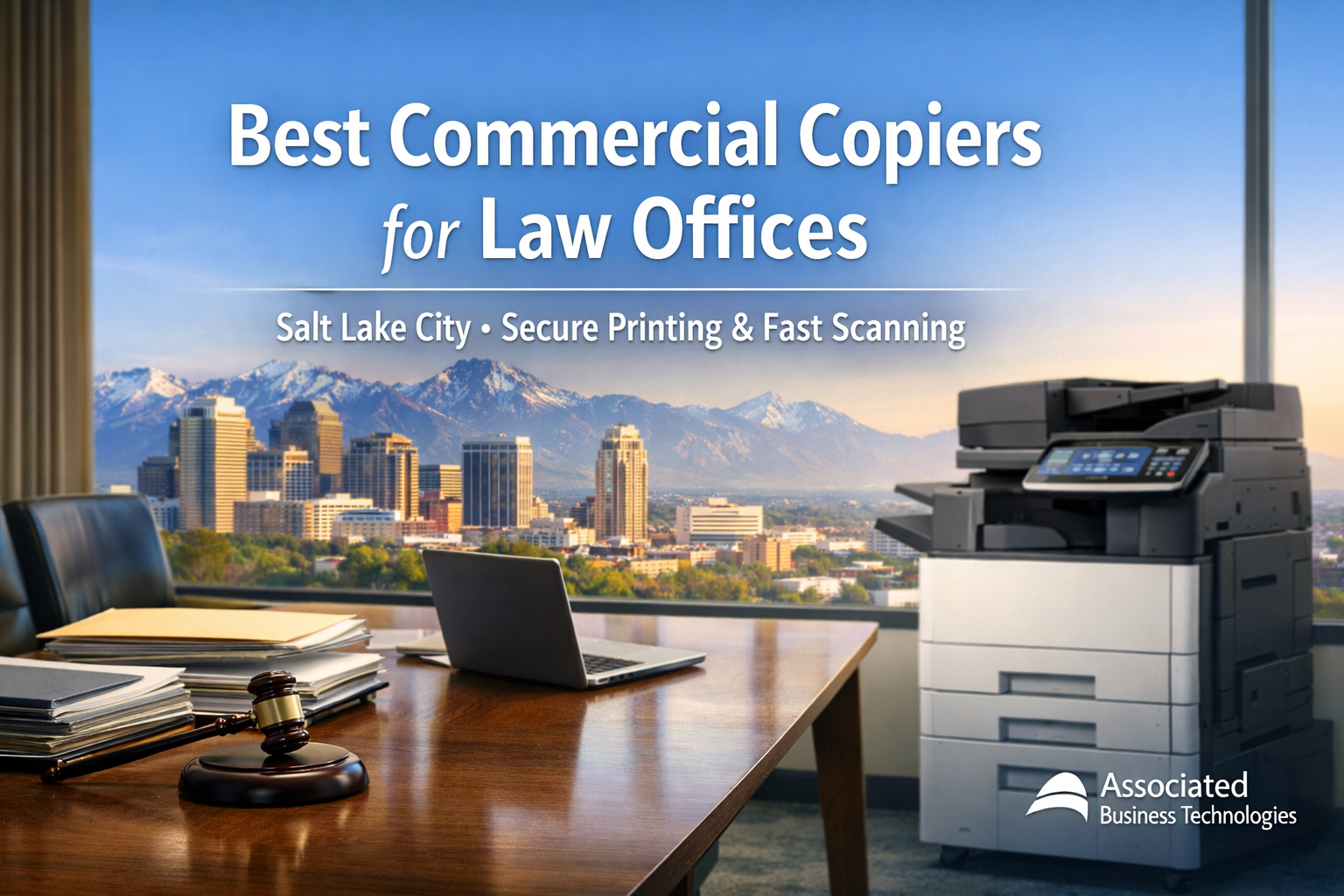 Best Commercial Copiers for Law Offices title banner over a Salt Lake City skyline and Wasatch Mountains, showing a modern office copier beside a conference table with legal documents and a gavel, branded Associated Business Technologies.